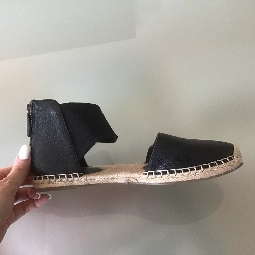 Eileen Fisher Coy Black Leather Mesh Ankle‎ Strap Flat Espadrille Sandals 8.5 LN